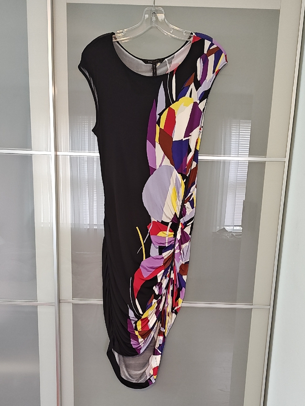 BCBGMaxAzria Black Dress with Multicolor Abstract Side Print and zipper slit